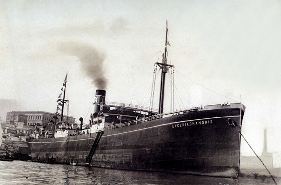 The steamship 'Evgenia Chandri', built in 1920. The Chandris family played a major role in shipping in Chios and Greece.